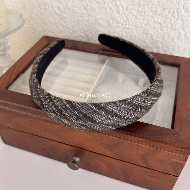 E廠-韓國經典復古格紋凹凸髮箍女2025新款法式高顱頂寬邊氣質頭箍髮飾「27675」25.11-3