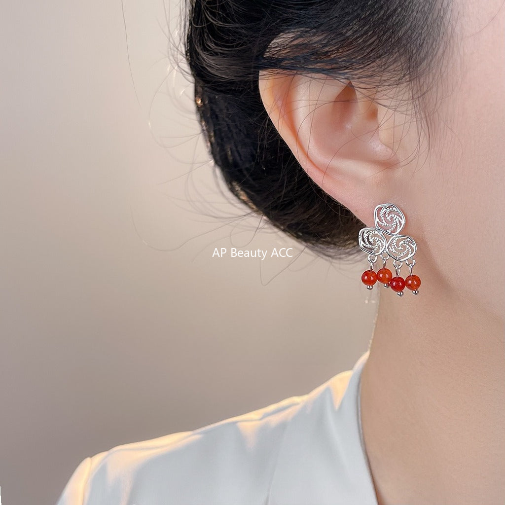 A廠-原創設計文藝復古手工藝設計紅瑪瑙天然石鏤空幾何中式祥雲耳飾「7057」25.11-2