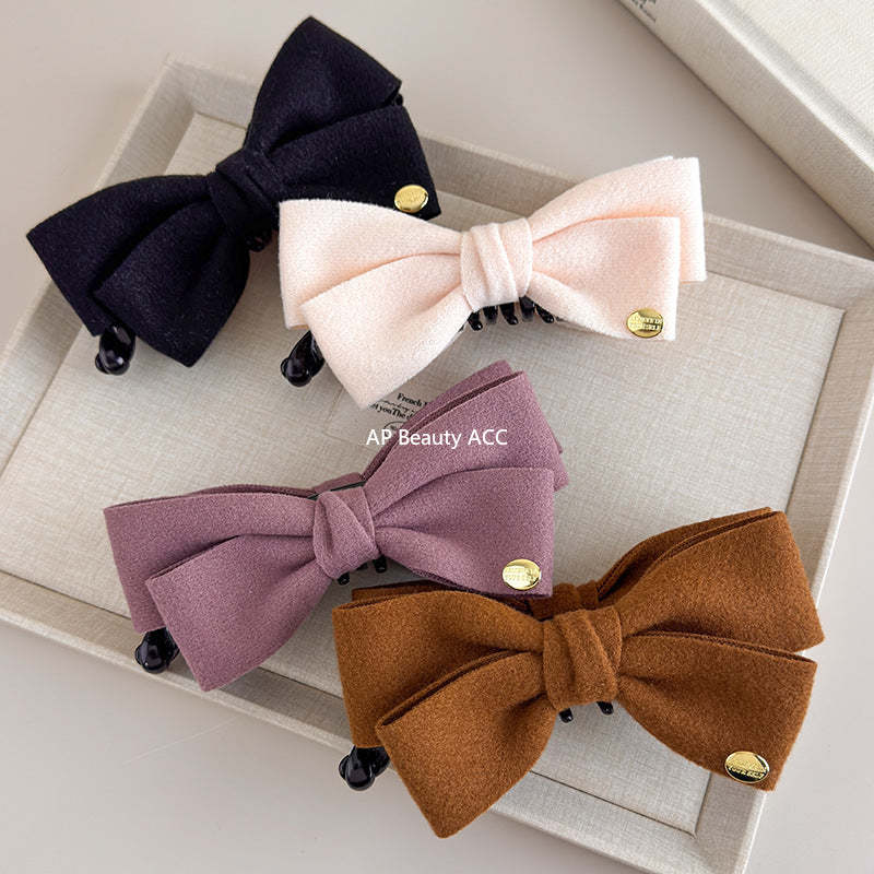 E廠-韓國秋冬高級感雙面呢子蝴蝶結香蕉夾韓系金標竪夾馬尾髮夾髮飾「27639」25.11-1