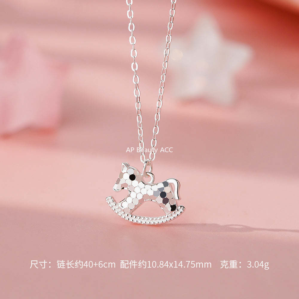 D廠-足銀S999搖搖木馬項鍊生肖馬耳釘碎冰冰新中式個性創意首飾「YC1327N_1 YC3225E_2」25.11-4