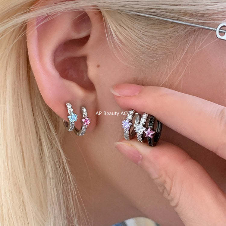 C廠-閃耀星星鋯石耳環女精緻百搭圈圈甜美鈦鋼耳圈設計感小眾甜酷簡約「EH-4333」25.12-1