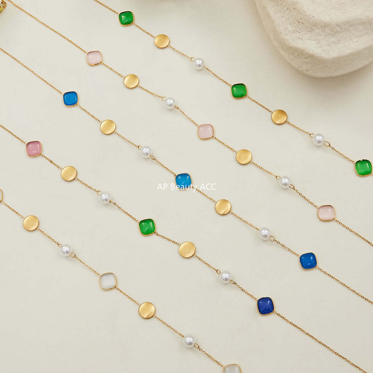 B廠-不鏽鋼貓眼石多色手工串膠珠鎖骨項鍊鍍18k真金質感女款珠寶首飾「P822」25.12-2
