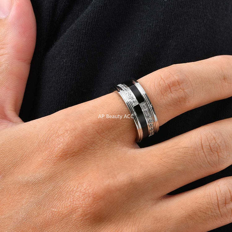 G廠-不鏽鋼男潮高級冷淡風單身指環男士簡約黑白鋯石戒指「RC-970」25.12-2