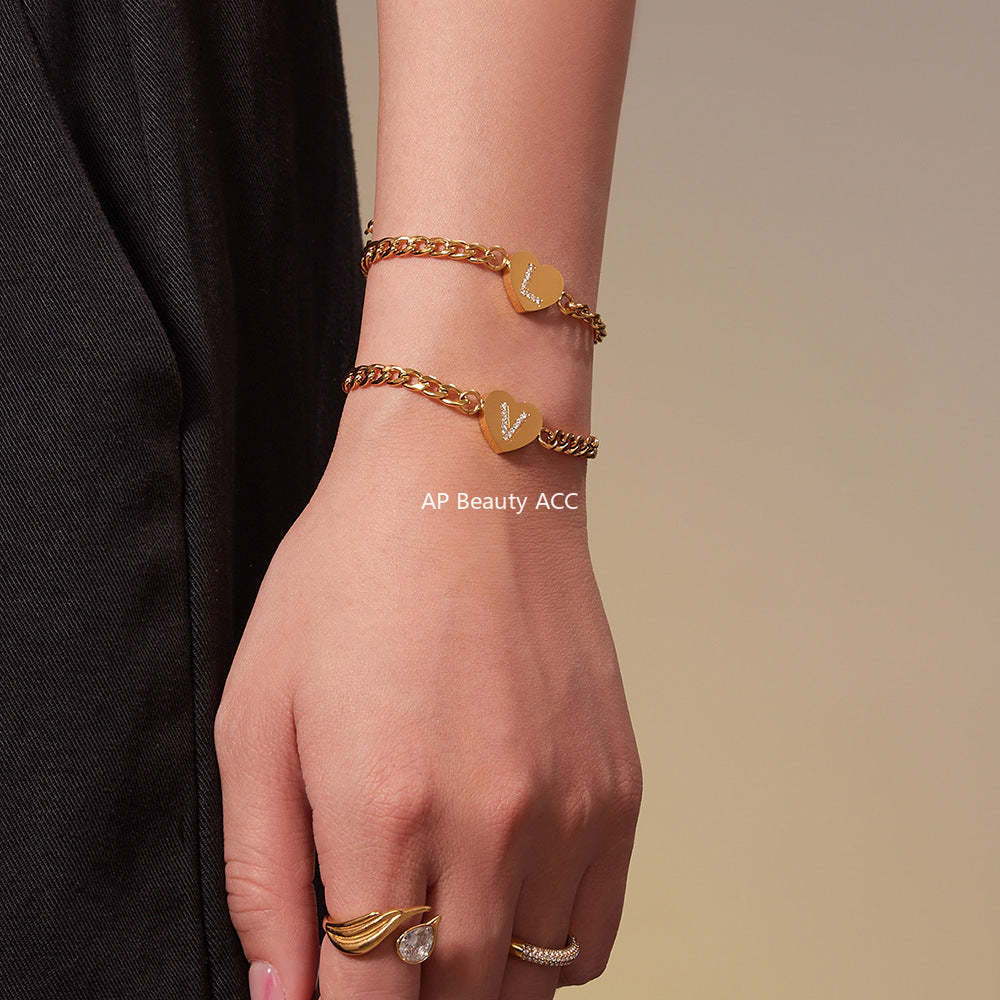 B廠-不鏽鋼愛心字母鑲嵌鋯石吊墜項鍊手鍊套裝 歐美個性首飾鍍18k真金「RP021」25.12-1