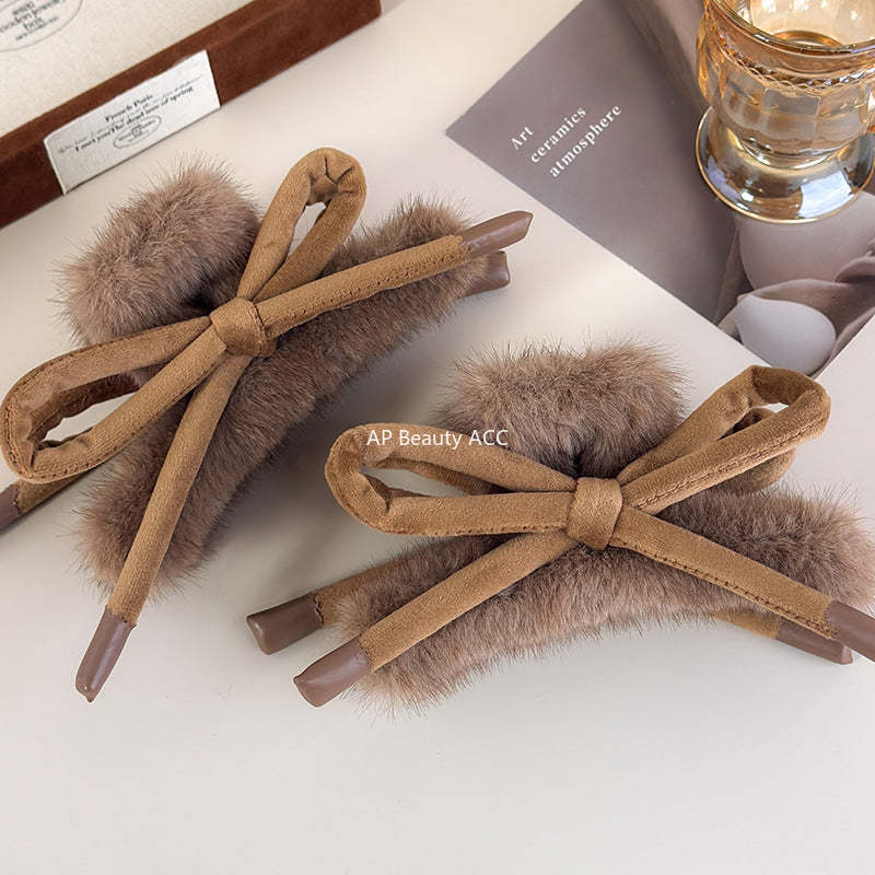 E廠-蝴蝶結兔毛抓夾女秋冬季大號後腦勺鯊魚夾髮量大高級感盤髮卡頭飾「27715」25.11-4