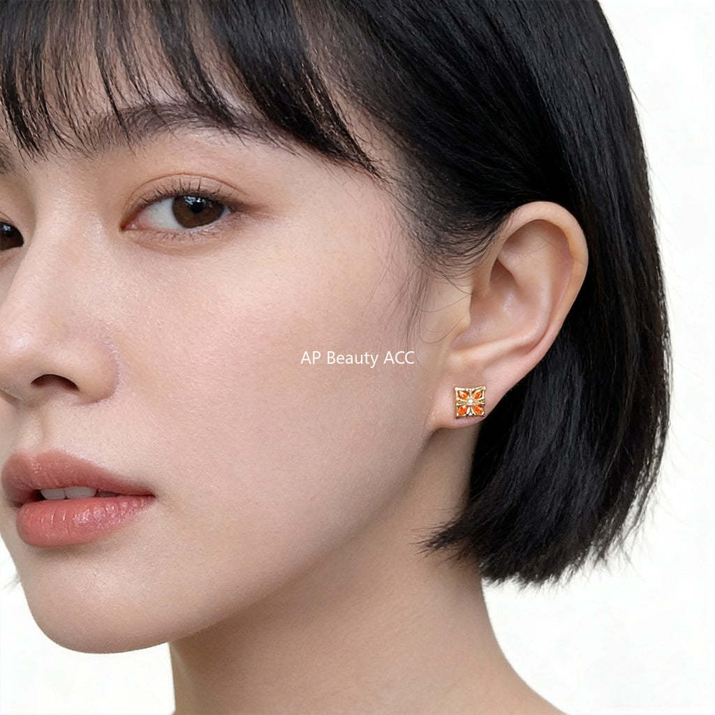 A廠-原創時尚高級感925銀針微鑲鋯石橘紅色新款小耳環「7251」25.12-3