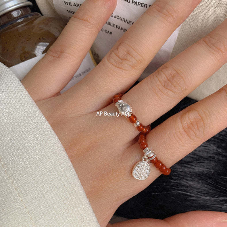 C廠-古風花朵葉子福袋小馬元寶蘋果紅瑪瑙彈力戒指S925純銀戒指女士「RB」25.11-4