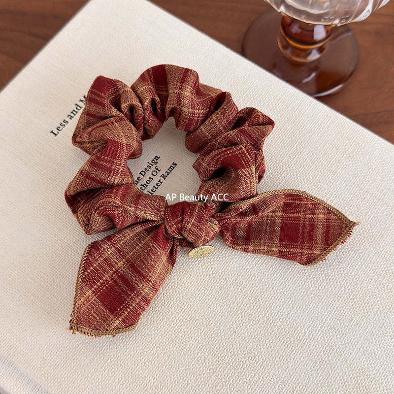 E廠-復古格紋學院風蝴蝶結髮圈減齡時尚百搭髮繩皮筋小腸髮圈頭飾品「27646」25.11-1