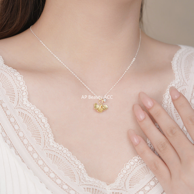 D廠-S999足銀銀杏葉項鍊輕奢吊墜古風簡約森係法式鎖骨鏈批發「YC2291N_1」25.11-1