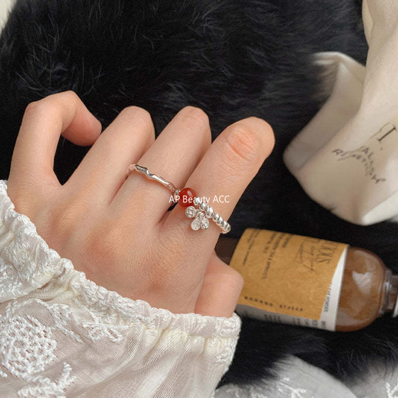 C廠-新中式古風大象小象小魚福袋蝴蝶結錢幣紅瑪瑙S925純銀彈力戒指「1520-1527」25.11-3