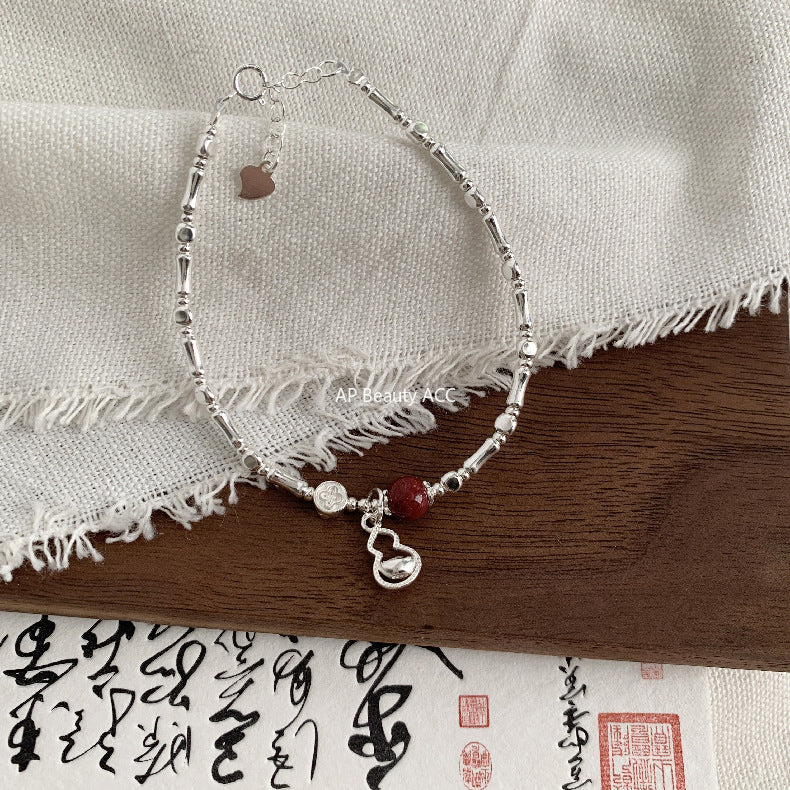 C廠-新中式國風古風宮廷風元寶葫蘆竹節天然和田玉紫金砂朱砂S925手鍊「1600」25.11-2