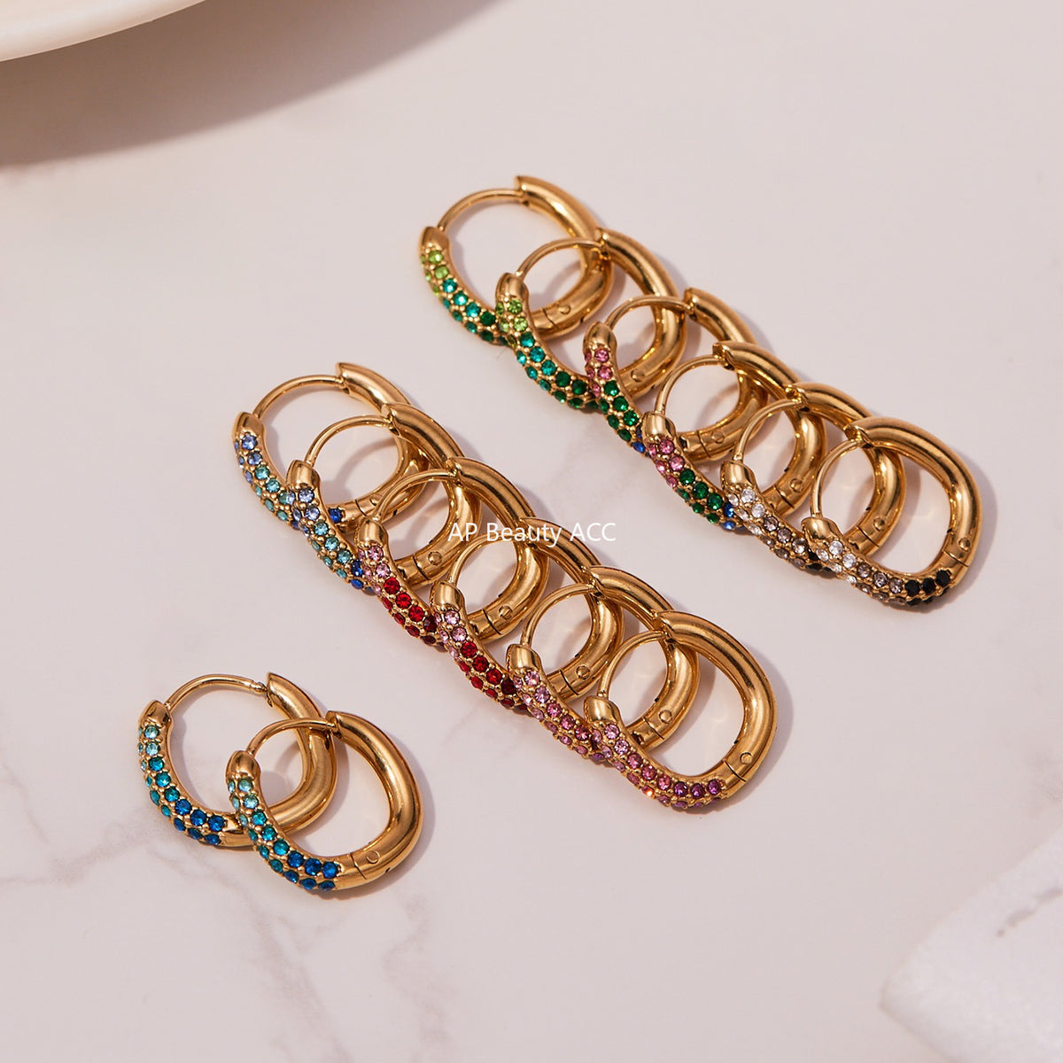 B廠-超閃5A彩色鋯石小耳環卡扣耳飾不鏽鋼鍍18k真金跨境熱銷款「F752」25.11-1