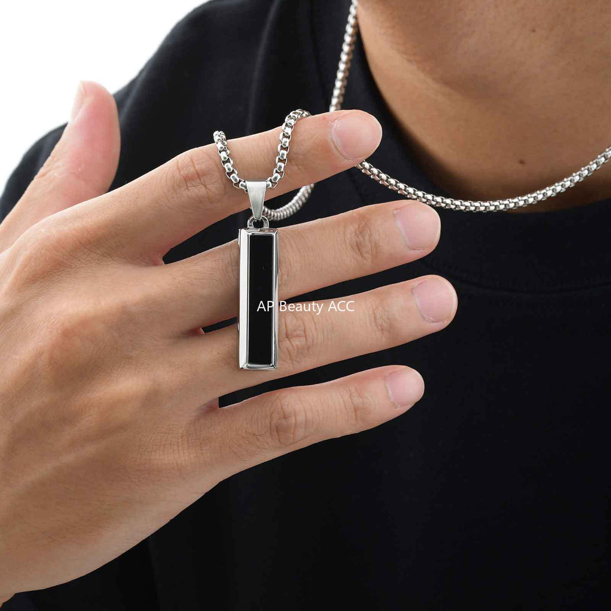 G廠-批發歐美跨境男士時尚百搭不鏽鋼瑪瑙綠松石幾何吊墜項鍊「PN-2221」25.11-1