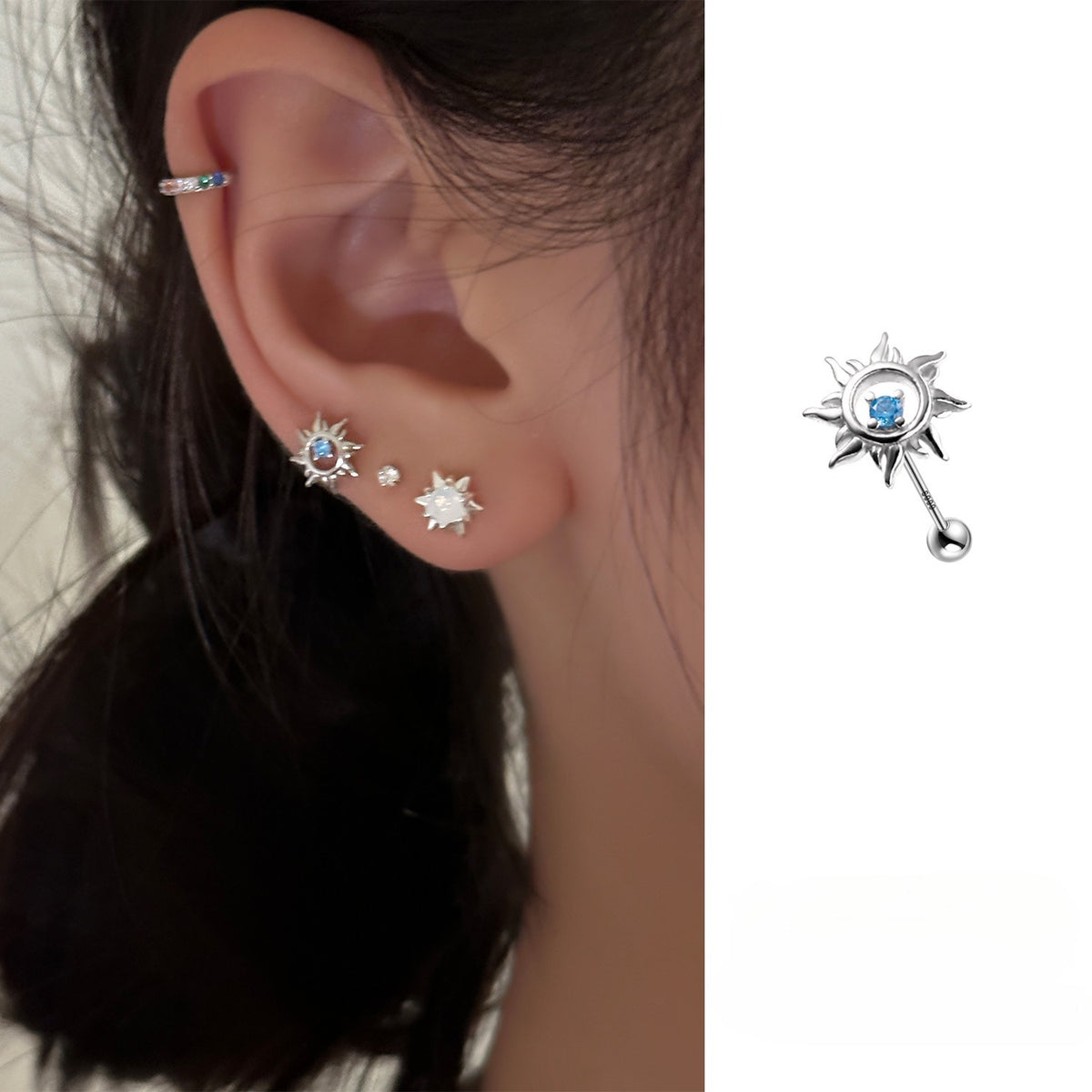 C廠-999純銀小太陽耳釘女高級感耳骨釘小眾特耳環小巧精緻氣質耳飾「EH-2451.eb」25.11-1