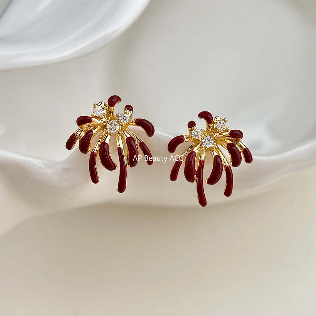 A廠-璀璨煙火微鑲鋯石琺瑯滴釉紅酒時尚高級感s925銀針新款耳飾女耳釘「7248」25.12-3