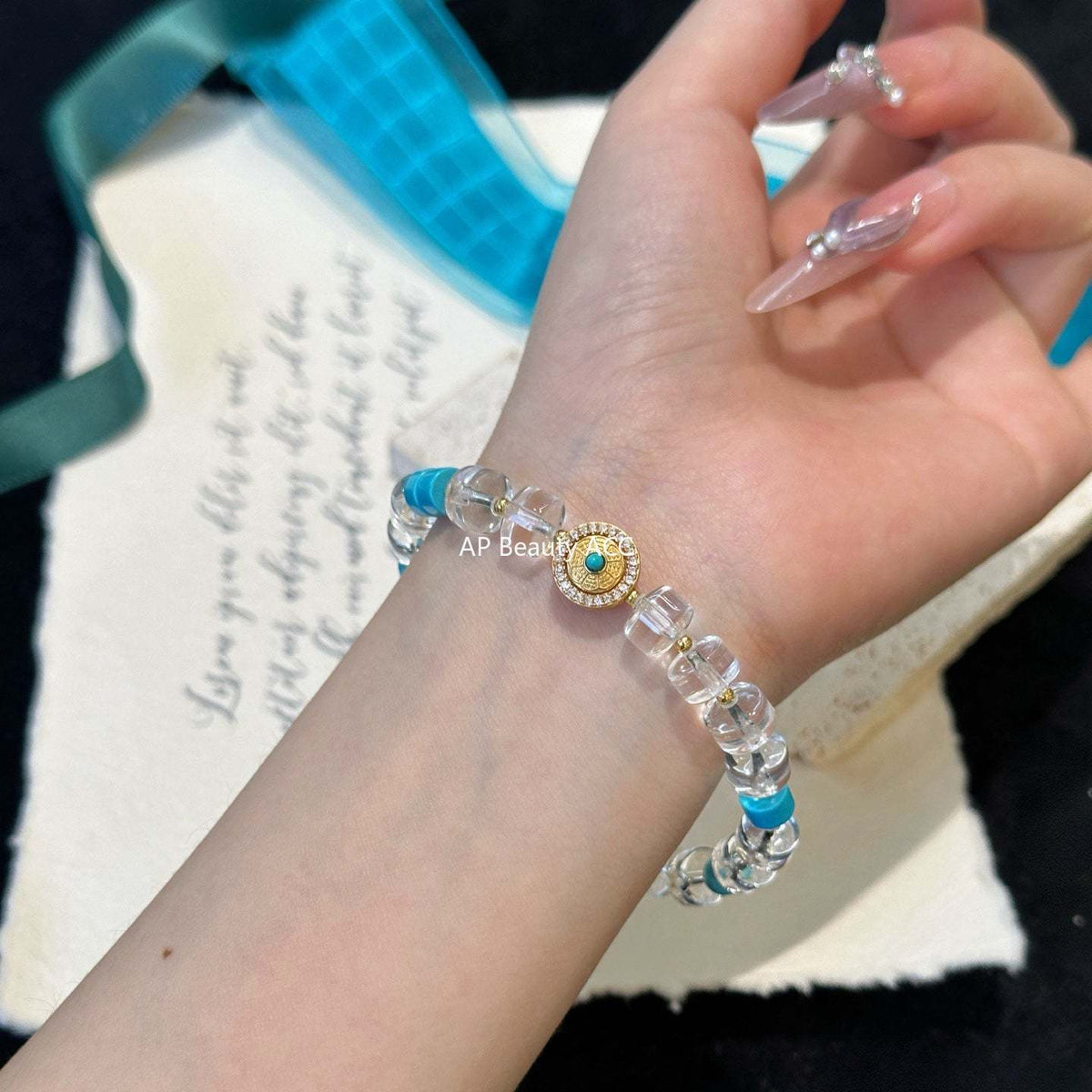 AS廠-時尚天然白水晶手鍊新款百搭綠松石設計925銀手鍊「l2927」25.10-4