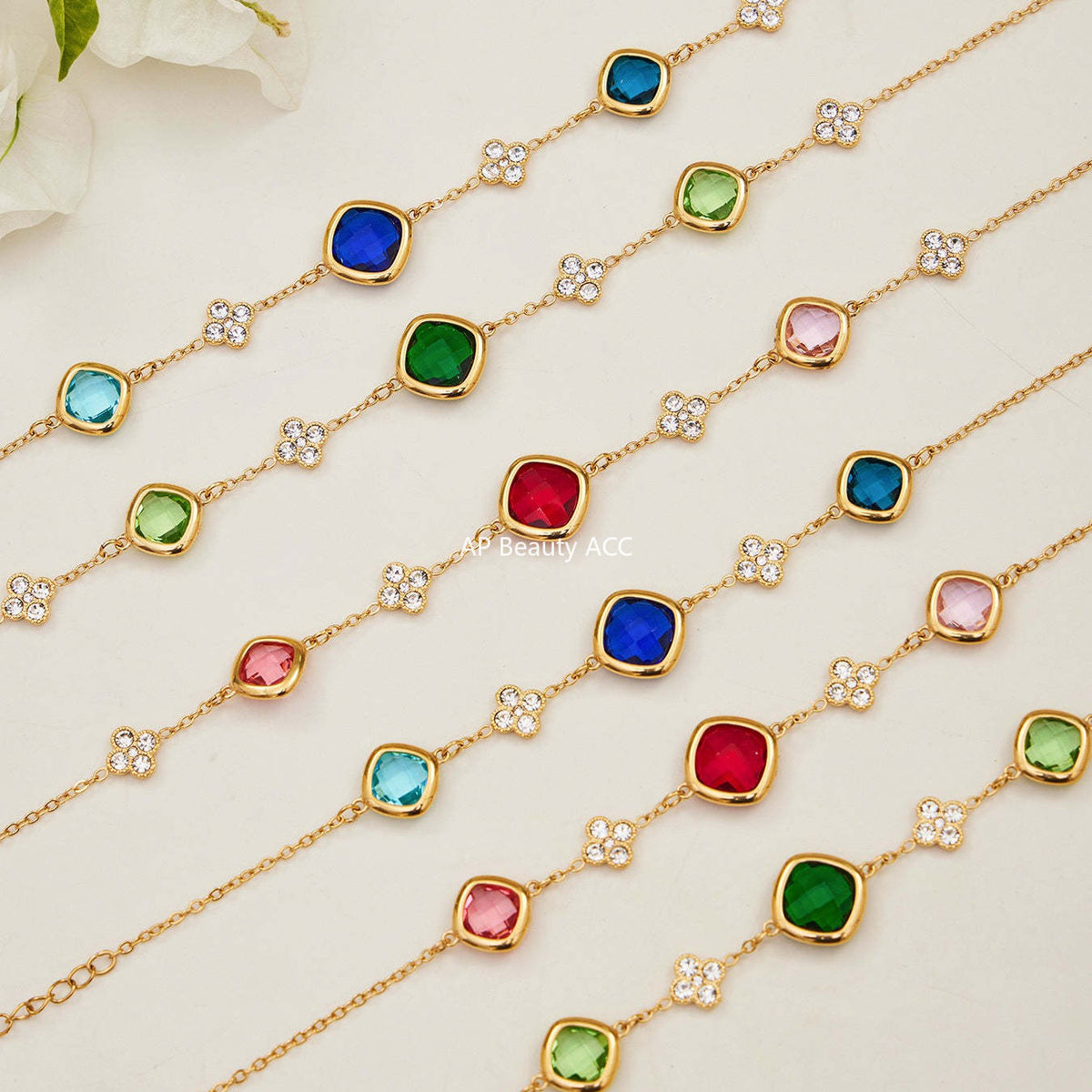 B廠-不鏽鋼四葉花鑲鋯石切麵包邊石頭手鍊長款毛衣鏈項鍊耳環首飾套裝「TXP509」25.12-1