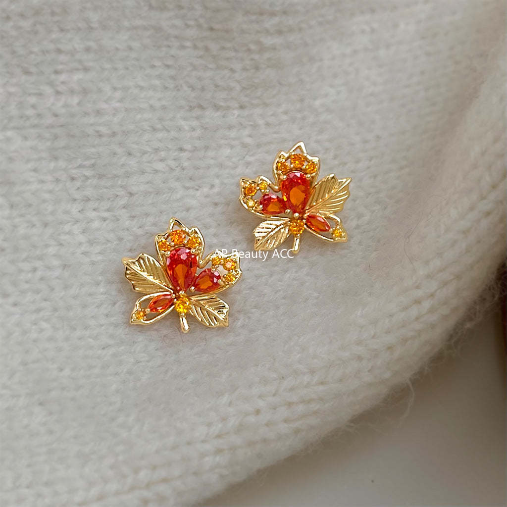 A廠-原創楓葉鑲嵌鋯石時尚通勤高級感輕奢風新款個性創意小眾耳環耳飾「7086」25.11-4