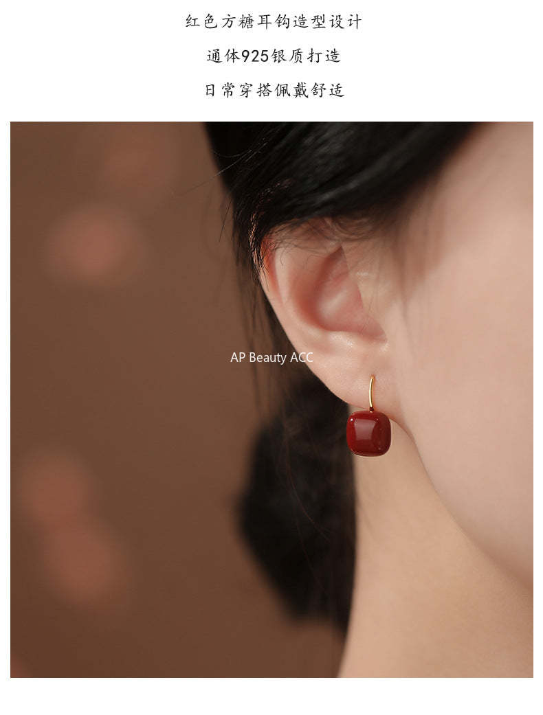 D廠-純銀S925復古幾何簡約紅色復古方塊耳環輕奢中式溫柔小眾耳飾「YC4242E_1」25.12-3