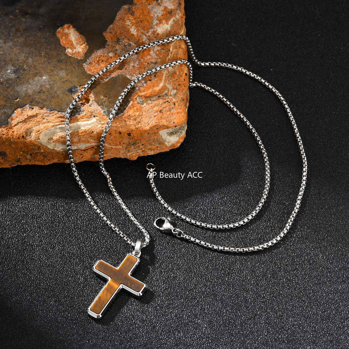 G廠-不鏽鋼歐美跨境男士項鍊十字架綠松石虎眼毛衣鏈簡約吊墜「PN-2224」25.12-2