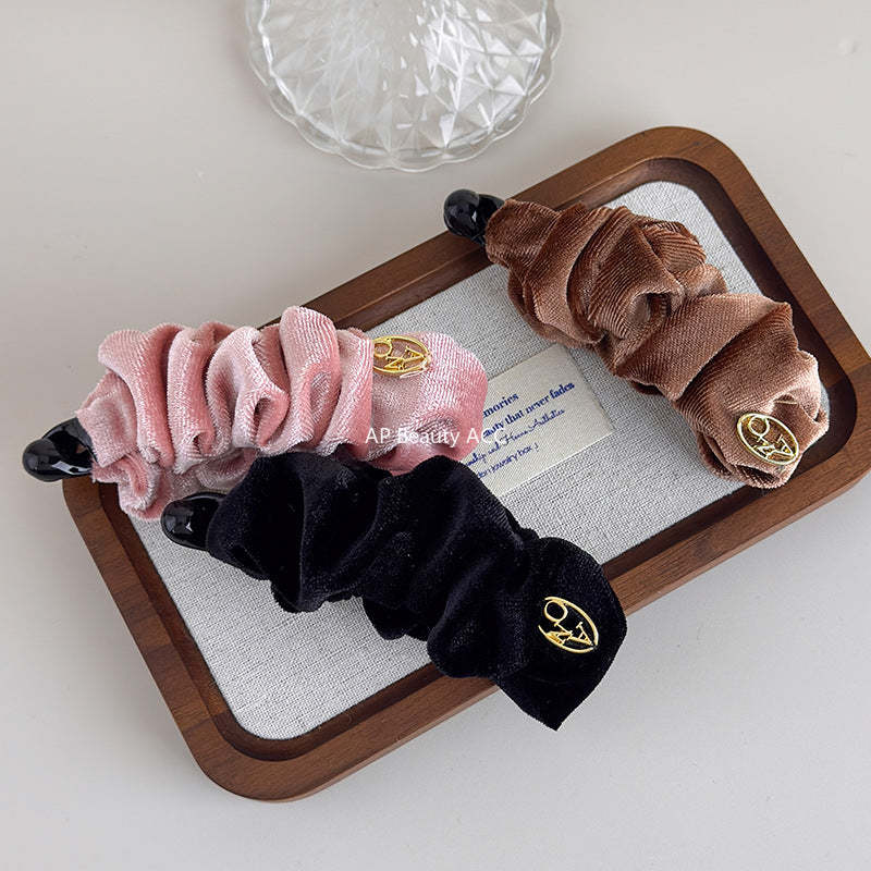 E廠-韓系褶皺絲絨香蕉夾女後腦勺髮夾馬尾竪夾氣質髮飾半扎髮抓夾頭飾「27709」25.11-3