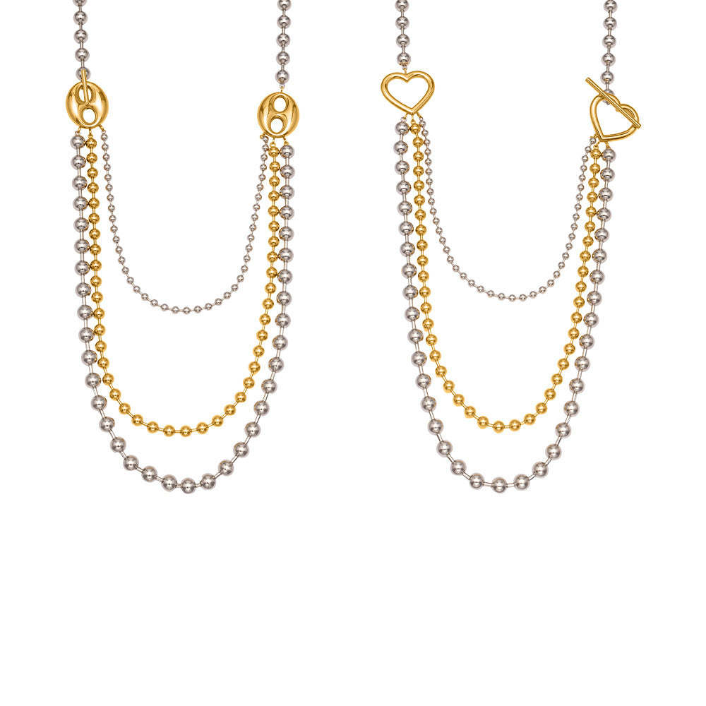 B廠-歐美拼色不鏽鋼愛心扣多層圓珠鏈項鍊ins個性時尚百搭飾品「P1853」25.11-3