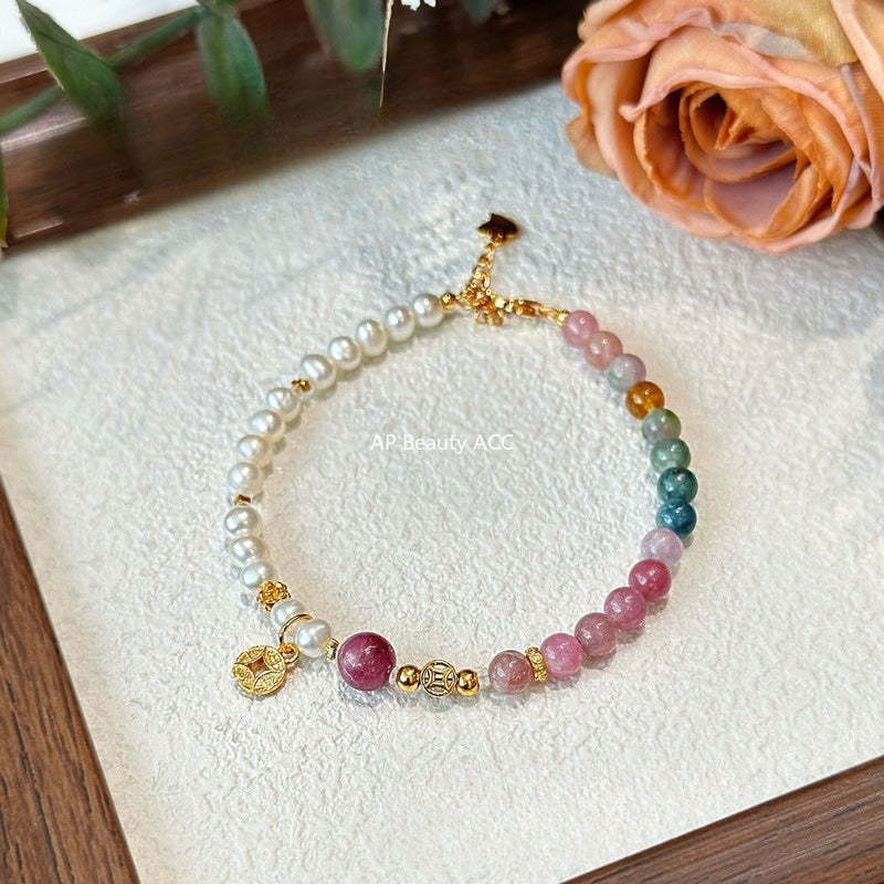 AS廠-天然碧璽手串手鍊女ins小眾設計簡約手飾氣質簡約珍珠手串「l2929」25.11-3