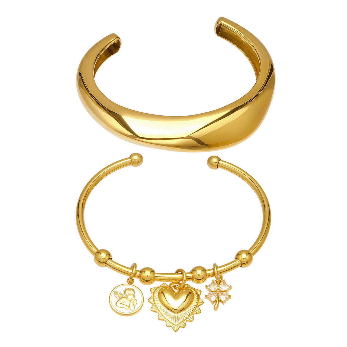 B廠-不鏽鋼鋯石花朵愛心吊墜手鐲C型斜角高拋光 光面百搭手環鍍18k金「Z516-Z517」25.12-2