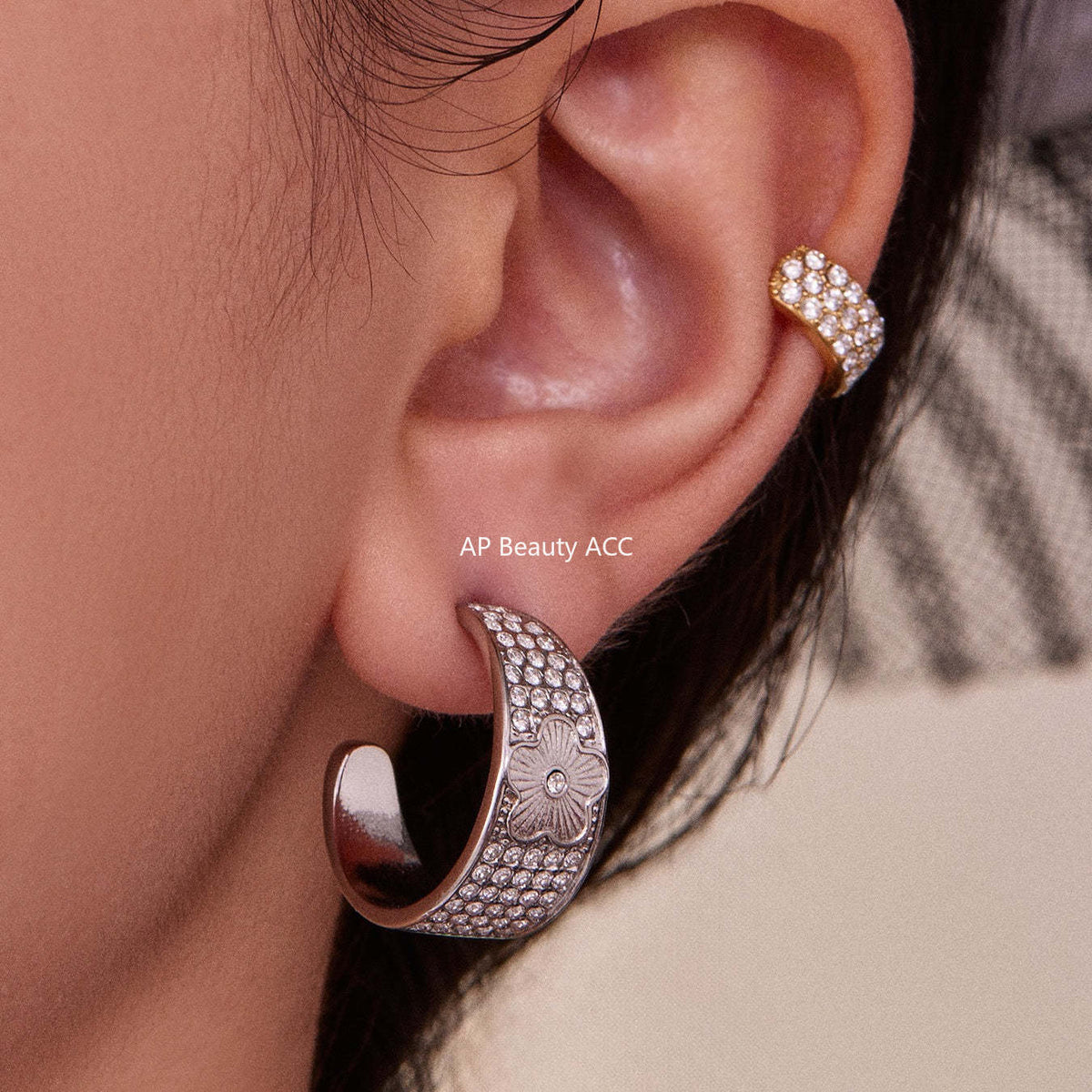 B廠-新款中古風滿鑽C型花點鋯石耳環不鏽鋼鍍18k金跨境珠寶首飾「F954-F983」25.10-5