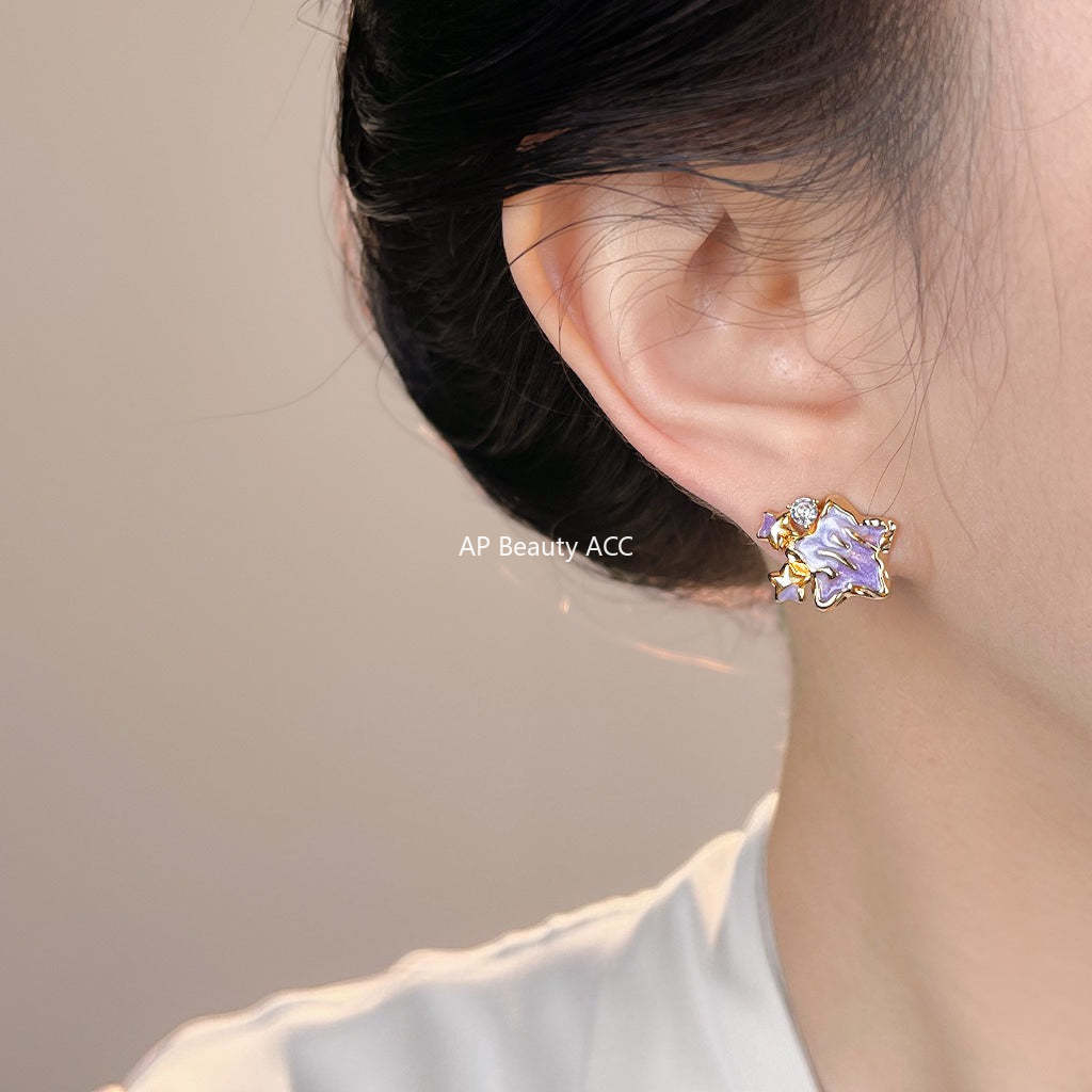 A廠-原創琺瑯彩繪滴釉漸變色 925銀針鑲嵌鋯石紫色星星耳環個性耳飾女「7200」25.12-1