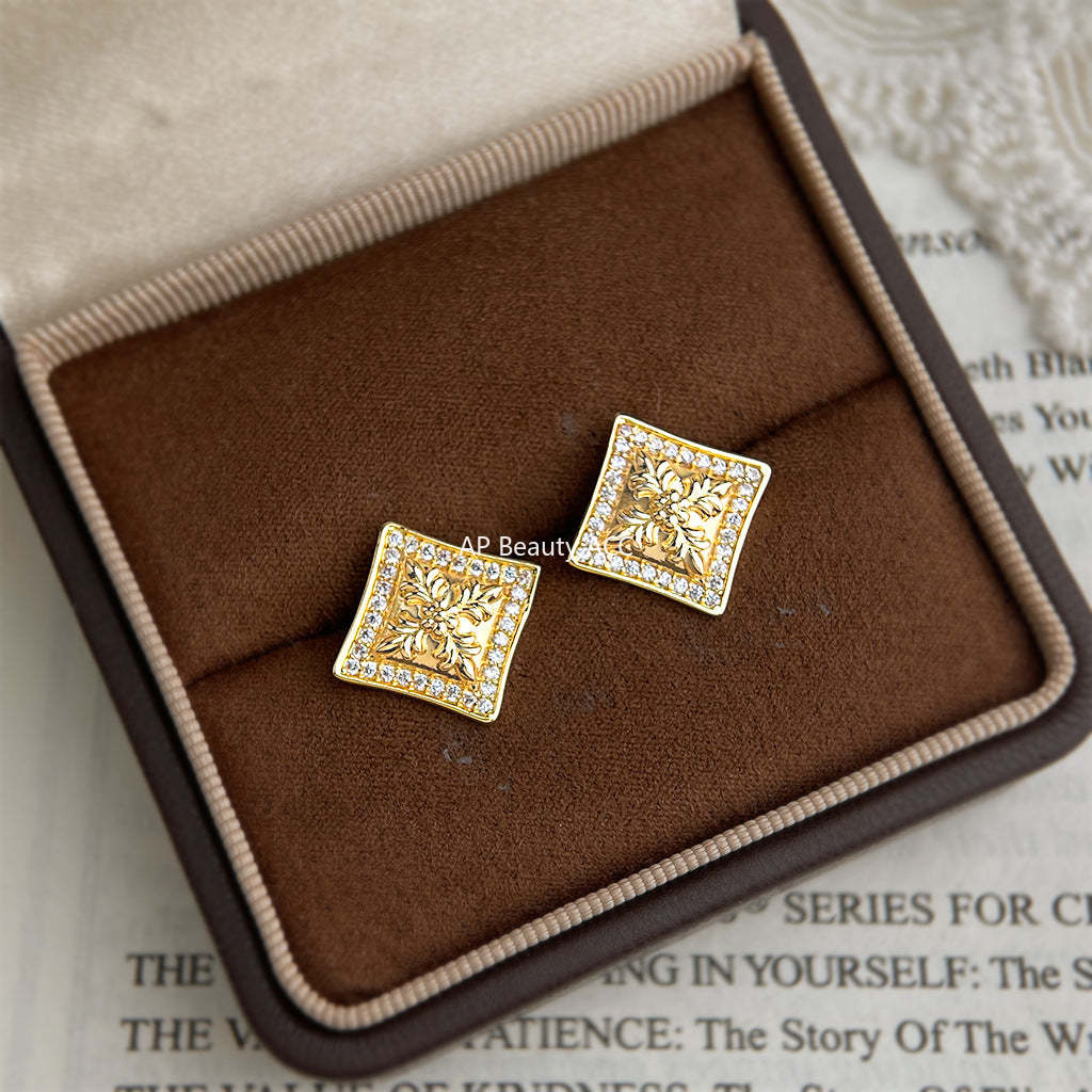 A廠-原創鳶尾花時尚高級感微鑲鋯石方形幾何s925銀針新款耳飾耳釘「7246」25.12-3