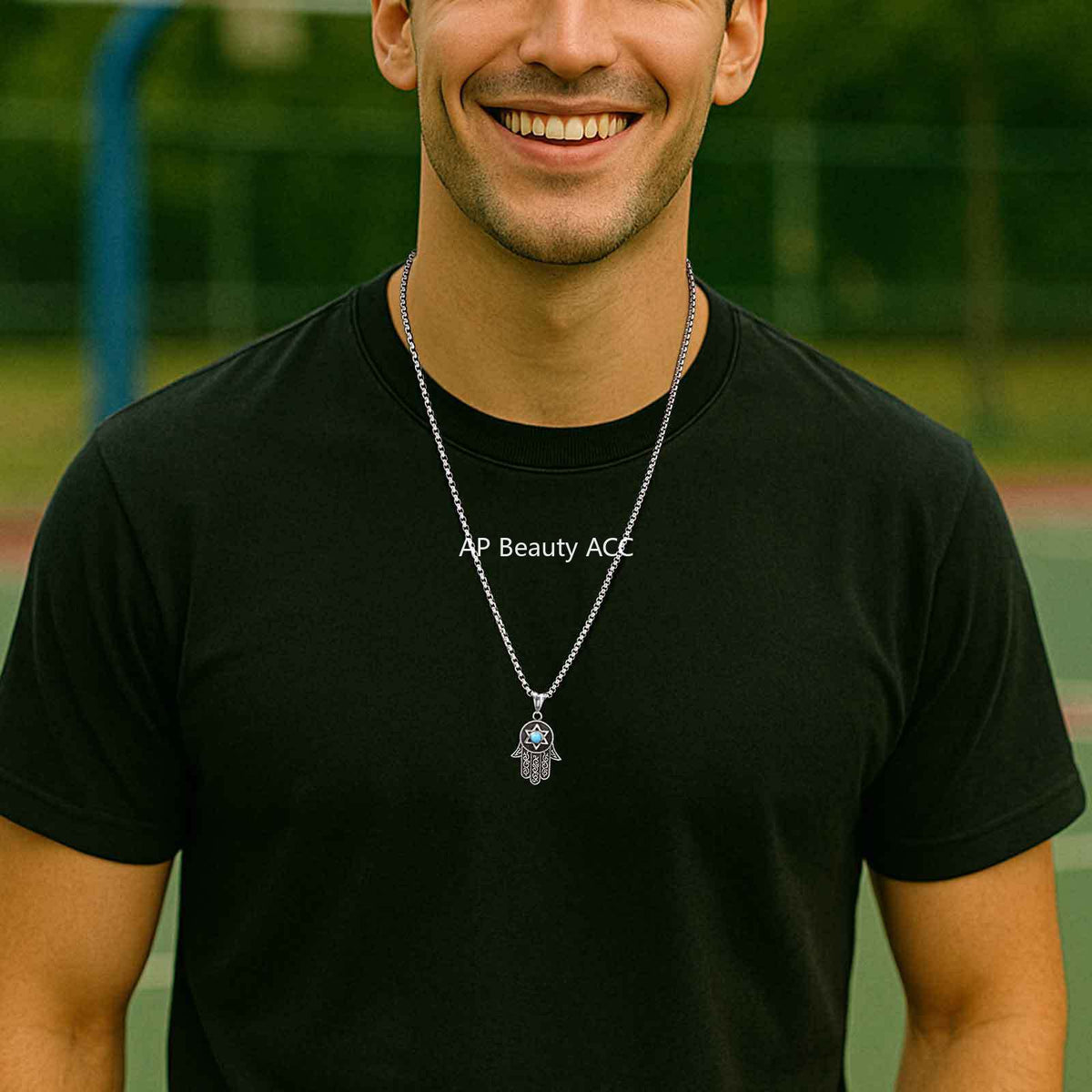 G廠-不鏽鋼項鍊批發個性六芒星綠松石法蒂瑪之手吊墜手掌鋼色「PN-2232」25.11-1