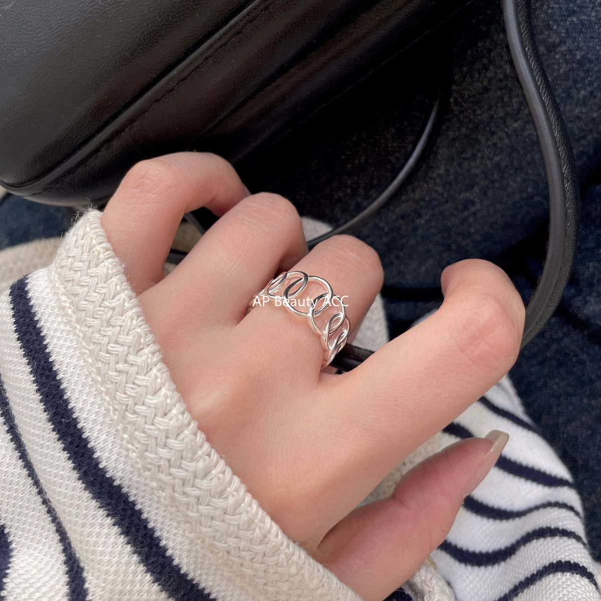 F廠-韓版飾品925純銀幾何鏤空橢圓戒指簡約小紅書INS時尚戒指「J1899」25.12-2