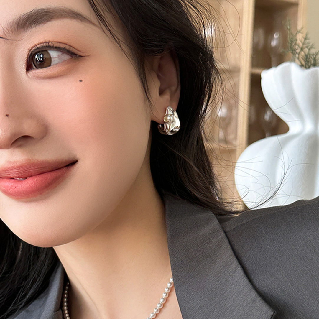 C廠-925銀針珍珠耳釘女精緻小眾冷淡風不規則金屬感耳環高級感新耳飾「EH-3589」25.05-5