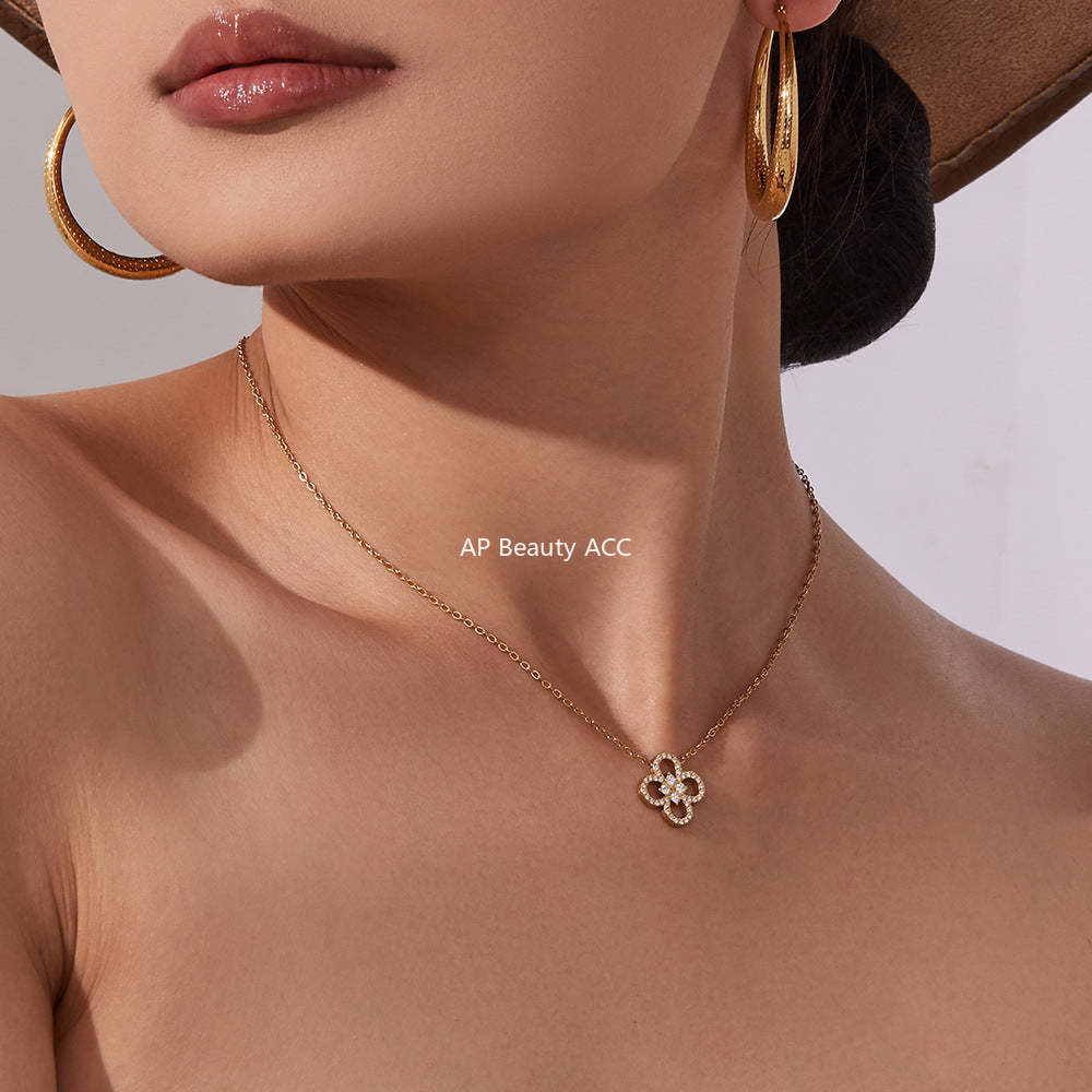 B廠-不鏽鋼四葉草鋯石項鍊手鍊 鍍18k金歐美時尚百搭個性首飾「TXP474-TXE474」25.11-3