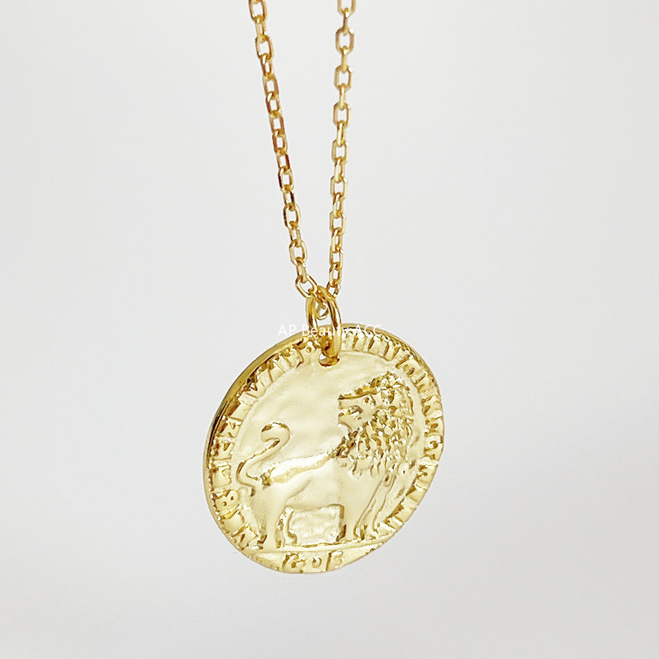 F廠-法式風小眾古典浮雕我是勇敢的小獅子925純銀金色吊墜項「B771」25.11-2