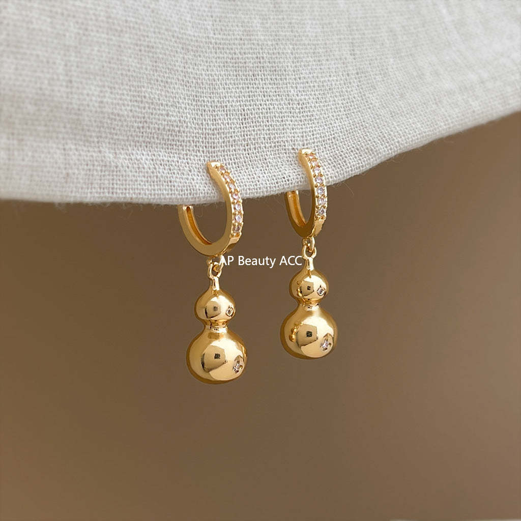 A廠-老錢風時尚高級感微鑲鋯石葫蘆耳環電鍍14K通勤百搭新款耳飾「7021」25.11-1