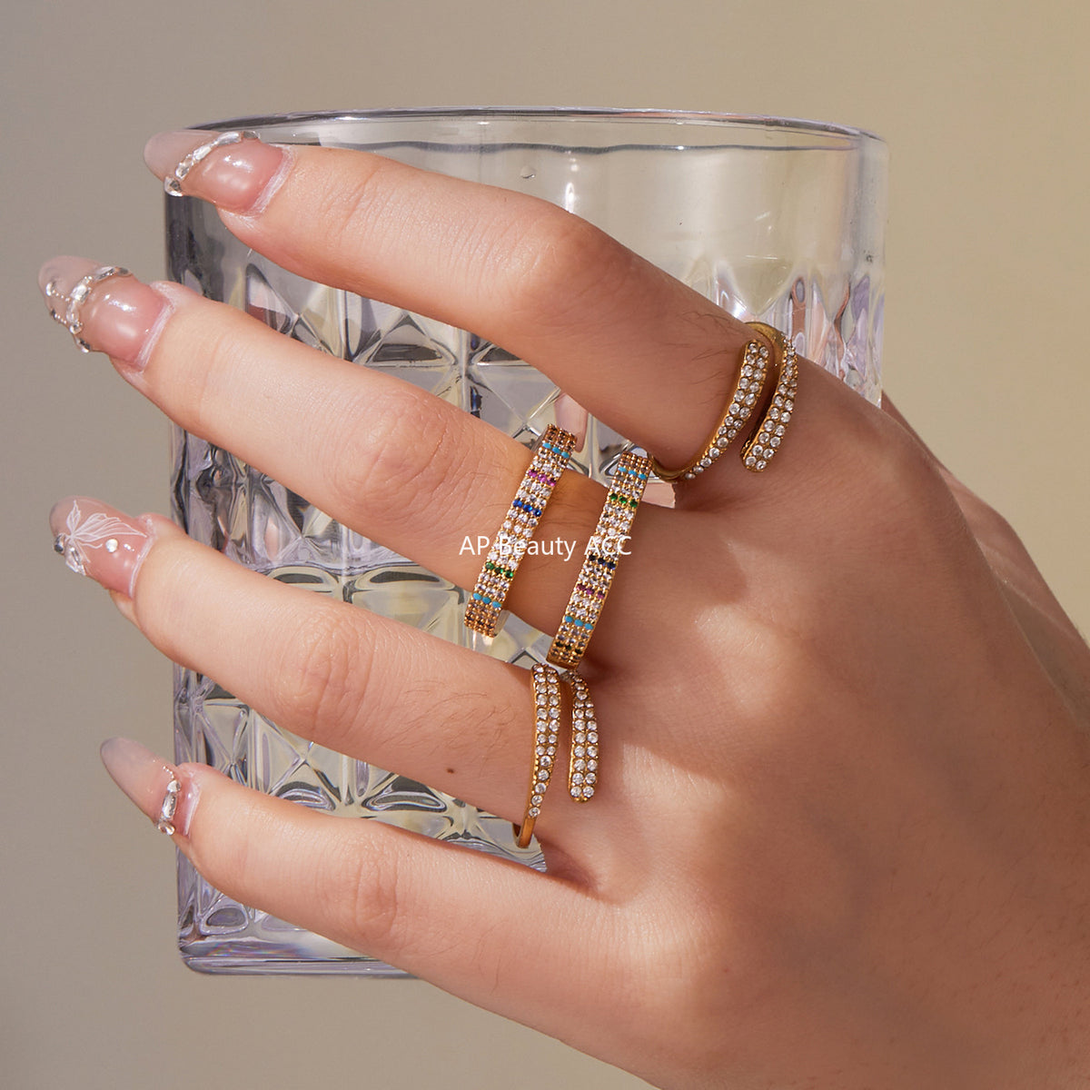 B廠-超閃滿鋯不鏽鋼開口戒指組合 鍍18k真金時尚輕奢尾戒不掉色「A560-A561」25.10-1