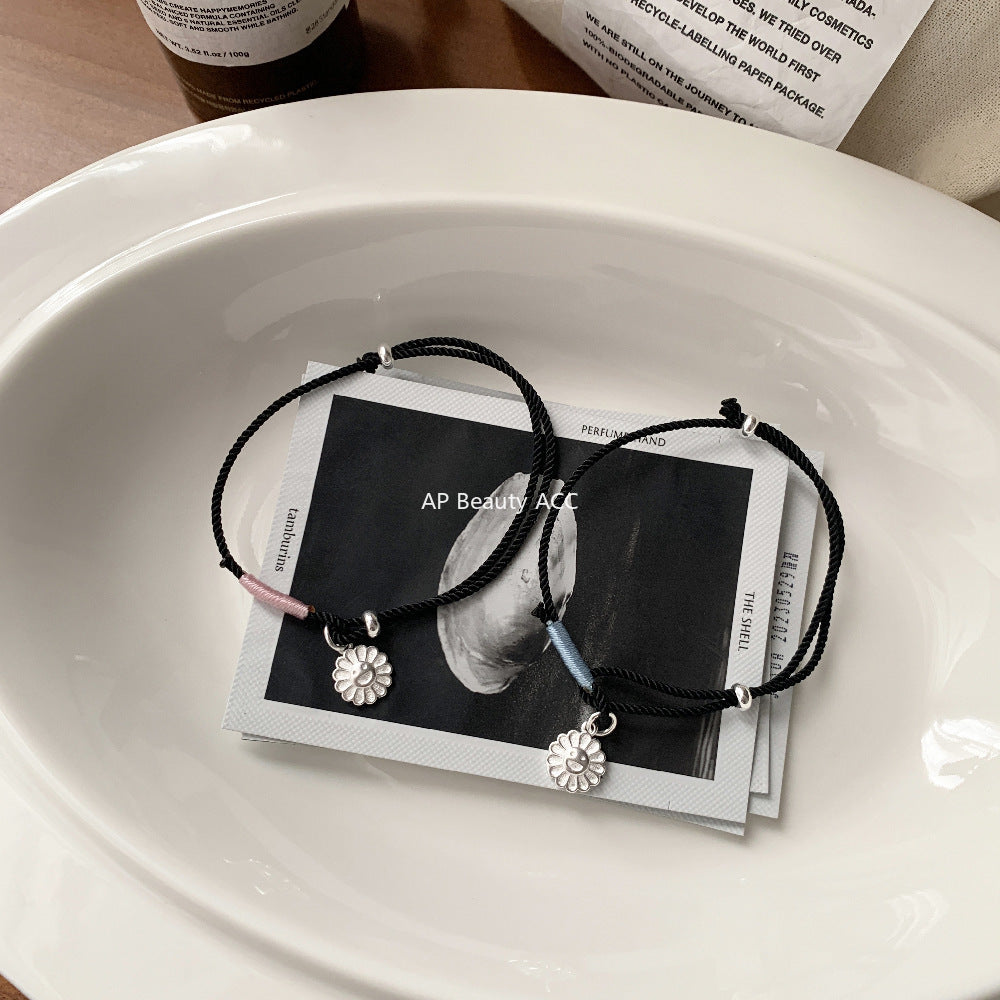 C廠-韓國東大門太陽笑臉花朵手工編織可調節編繩S925純銀手鍊「1538」25.11-2