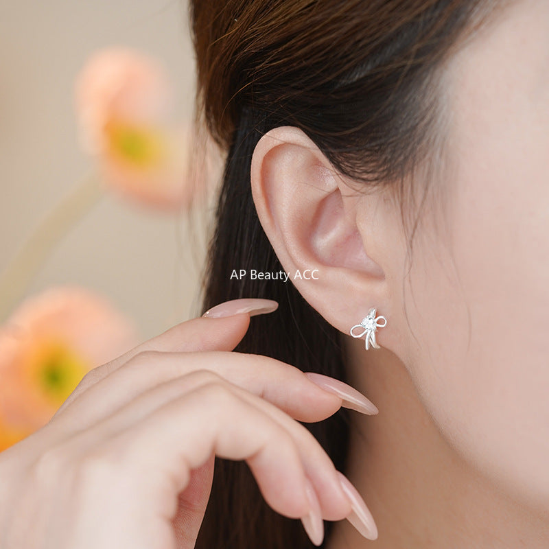D廠-純銀S925小眾水滴鋯石蝴蝶結耳扣女甜美淑女輕奢高級氣質耳飾「YC2510E_1」25.11-1