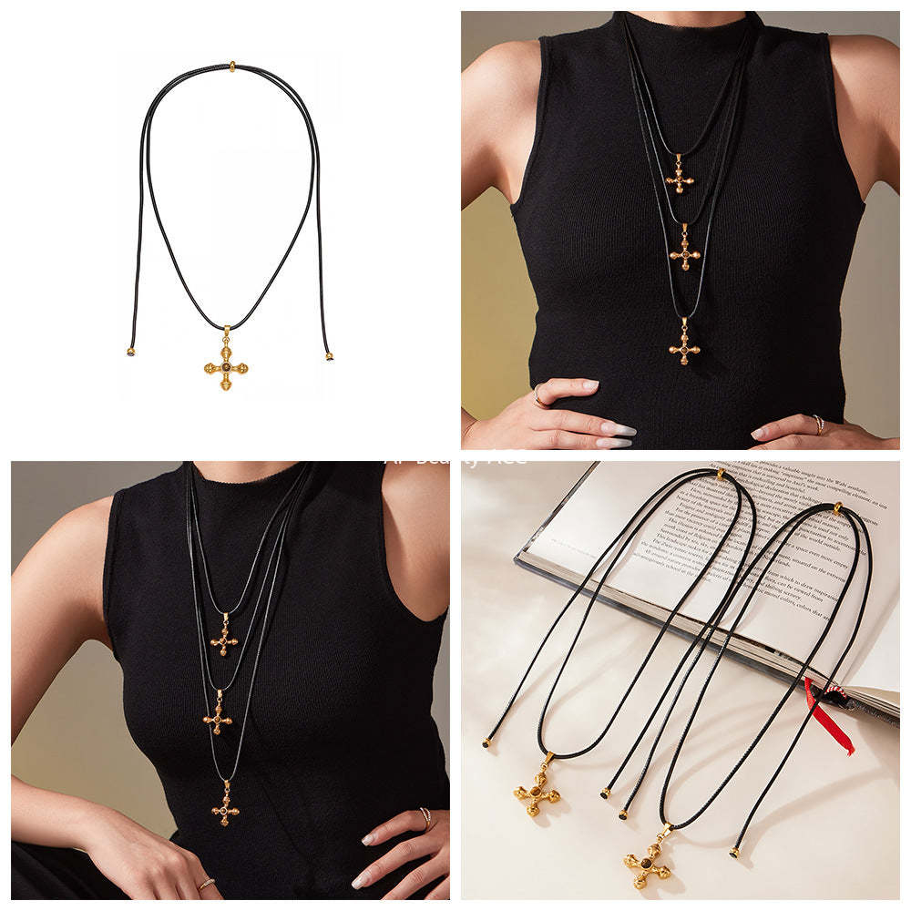 B廠-ins小眾設計虎眼石不鏽鋼十字架吊墜皮繩長款毛衣鏈鎖骨鏈「M082」25.11-3