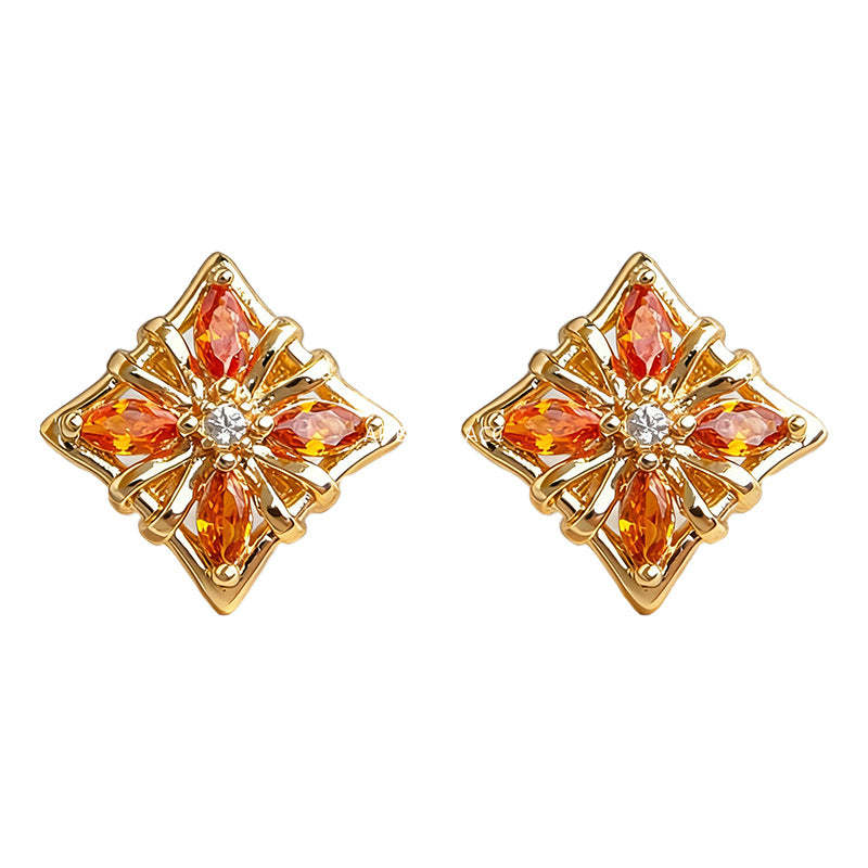 A廠-原創時尚高級感925銀針微鑲鋯石橘紅色新款小耳環「7251」25.12-3