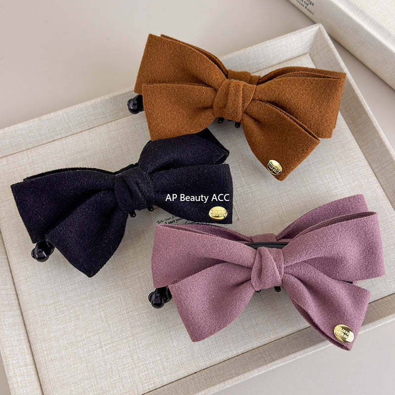 E廠-韓國秋冬高級感雙面呢子蝴蝶結香蕉夾韓系金標竪夾馬尾髮夾髮飾「27639」25.11-1