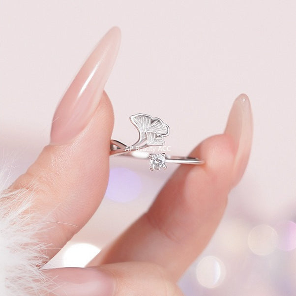D廠-S925純銀銀杏葉鋯石戒指森系立體花卉質感精緻溫柔食指手飾「YC3430R_1」25.11-2