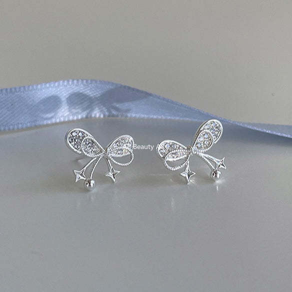 C廠-韓系小香風蝴蝶結星星耳釘女輕奢高級感銀針鋯石耳環精緻秋冬耳飾「EH-4329」25.12-1