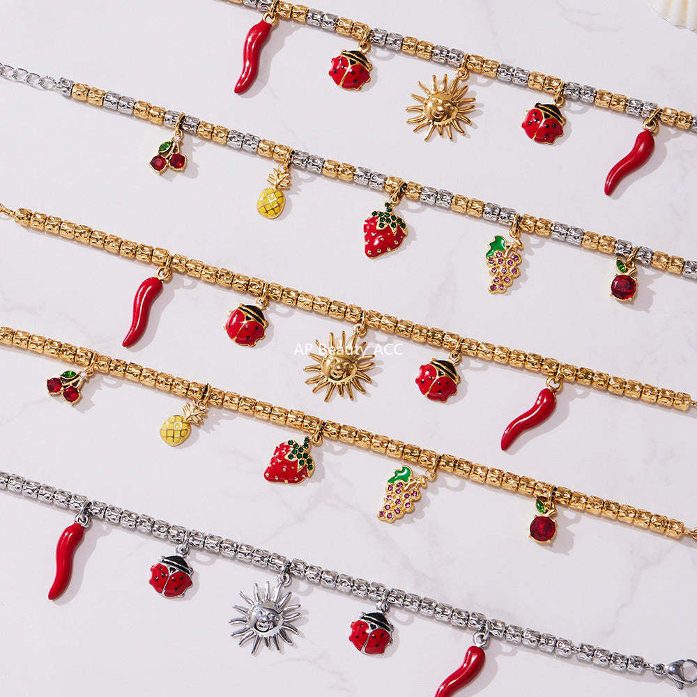 B廠-跨境新款不鏽鋼小辣椒太陽多配件壓紋鋼珠手鍊組合鍍18k金「E699-E700」25.10-5