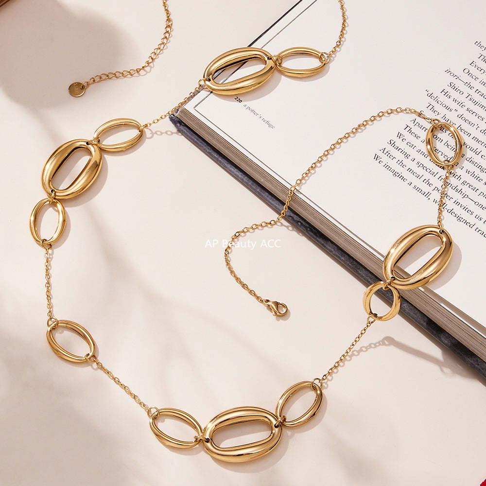 B廠-不鏽鋼幾何長款項鍊 鍍18k金ins歐美時尚百搭O字拼接毛衣「M084」25.11-3