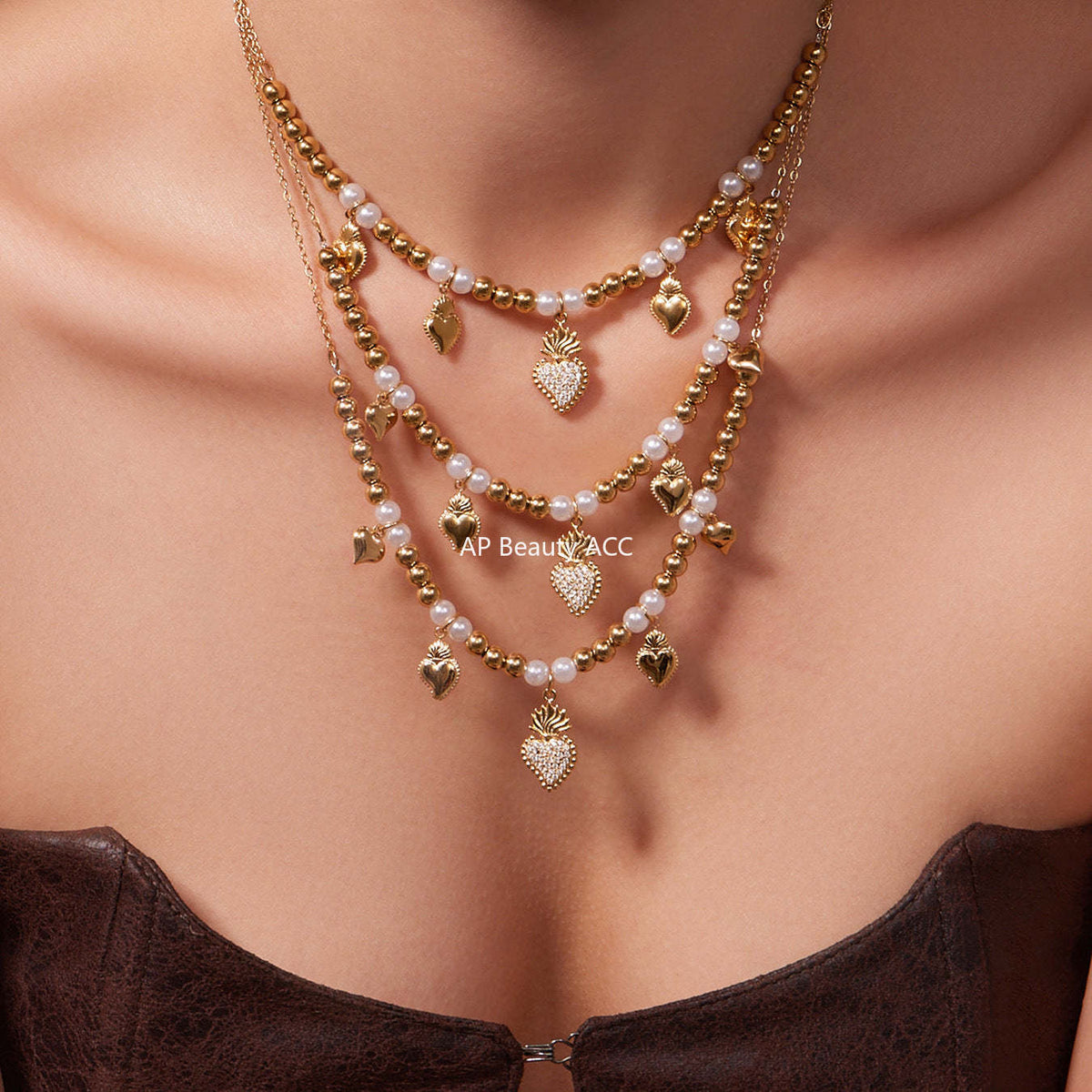 B廠-5A鋯石愛心皇冠吊墜項鍊耳環手鍊戒指套裝不鏽鋼鍍18k真金「TXP490」25.11-4