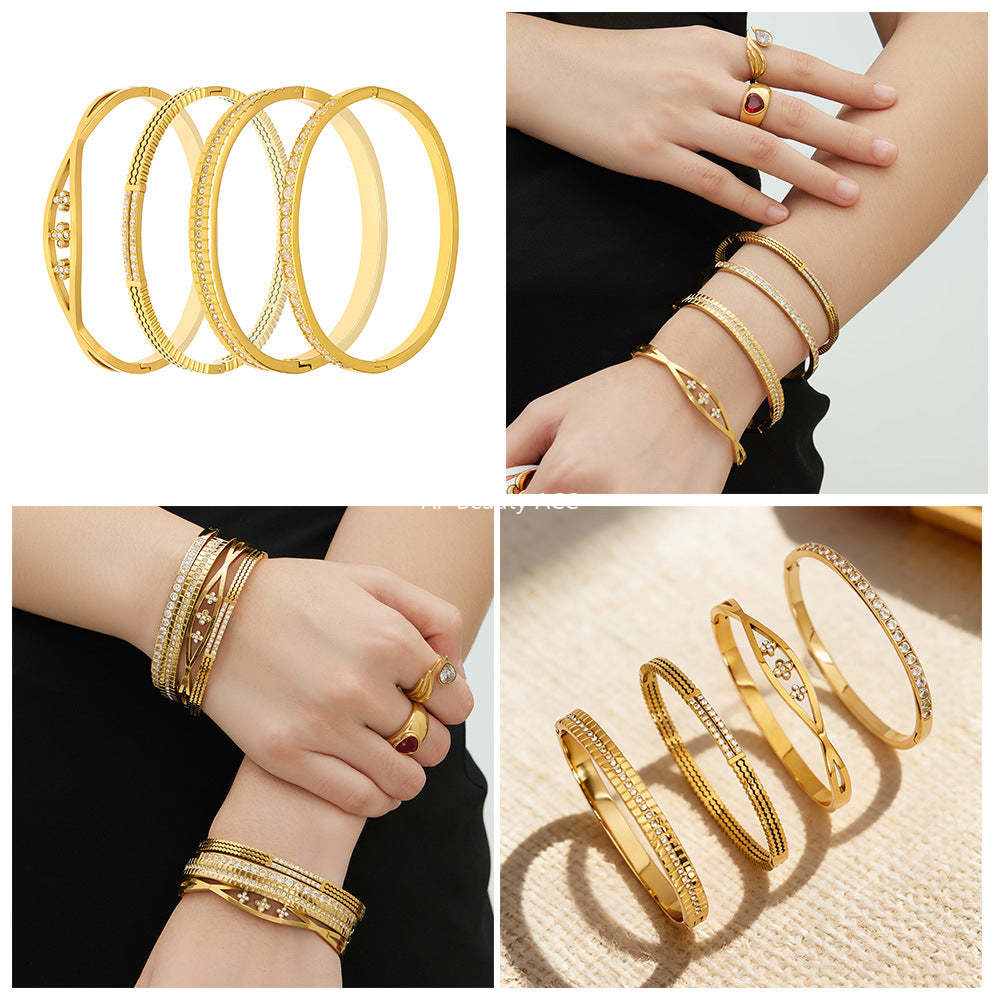 B廠-不鏽鋼單排鑽鋯石卡扣手鐲組合歐美時尚潮酷手飾品鍍18k金不掉色「Z512-15」25.12-2