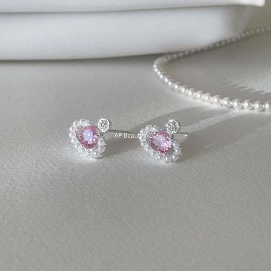 C廠-輕奢小香風粉鋯石星球耳釘女小眾甜美珍珠耳環時尚通勤百搭耳飾「EH-4313」25.12-3